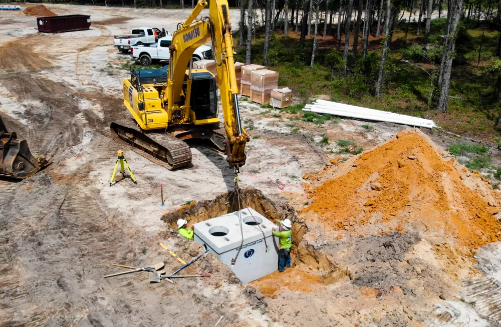 Excavator backfilling around a concrete septic tank set beside a mound of orange sand on a homesite
